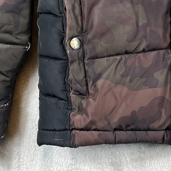 Diesel Men S Camo Quilted Puffer Jacket Hooded Faux Fur Brown Black Fleece Lined - Picture 9 of 16